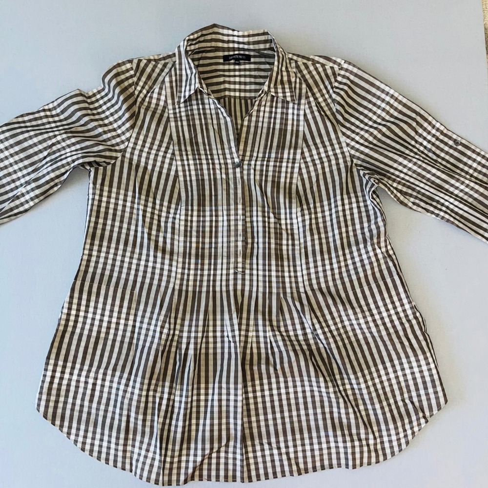 Lafayette 148 New York Womens Gingham Tunic 18W Brown White Pleated Button Front